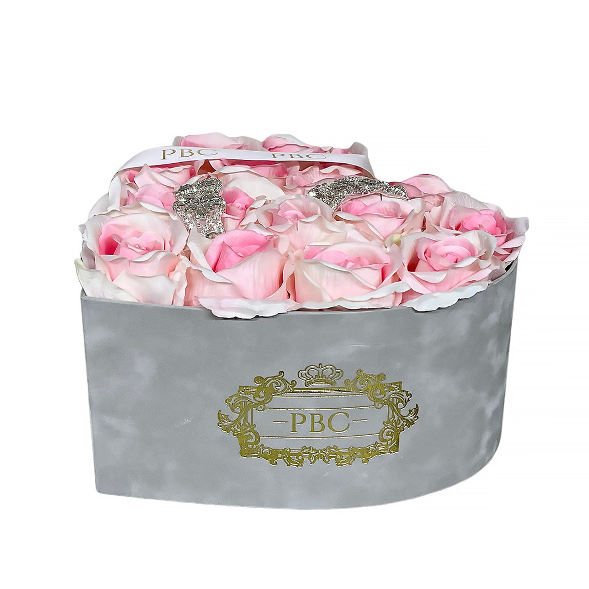 Large grey velvet heart box filled with pink roses