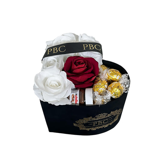 Small Black Heart filled with Artificial Flowers, Ferrero Rochers, Lindors, and 1 Mini Nutella