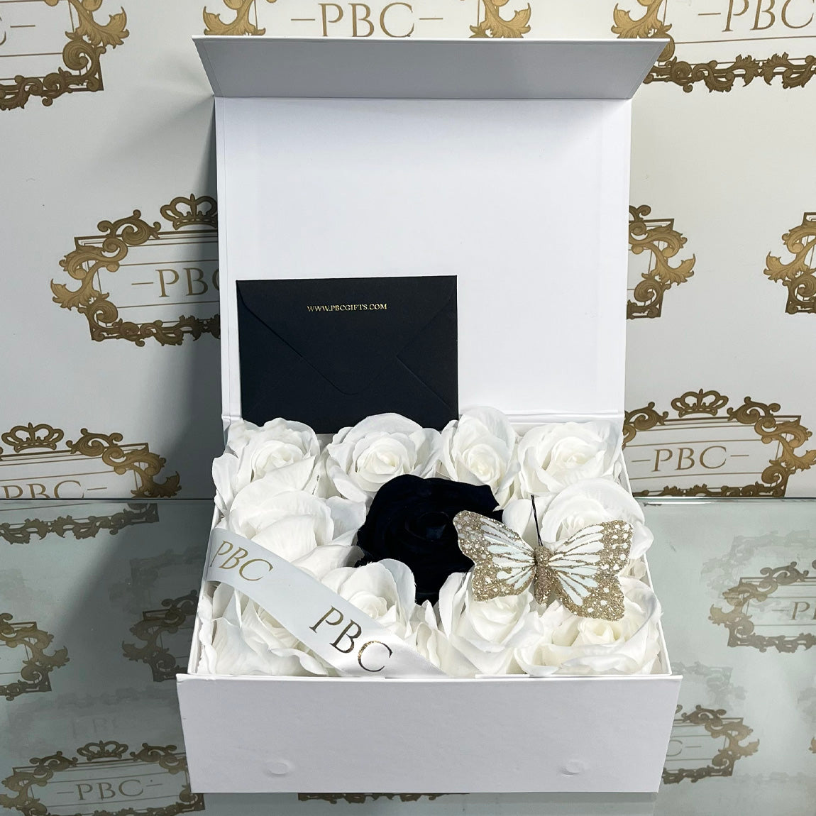 PBC Gifts white flower box with single centre black rose