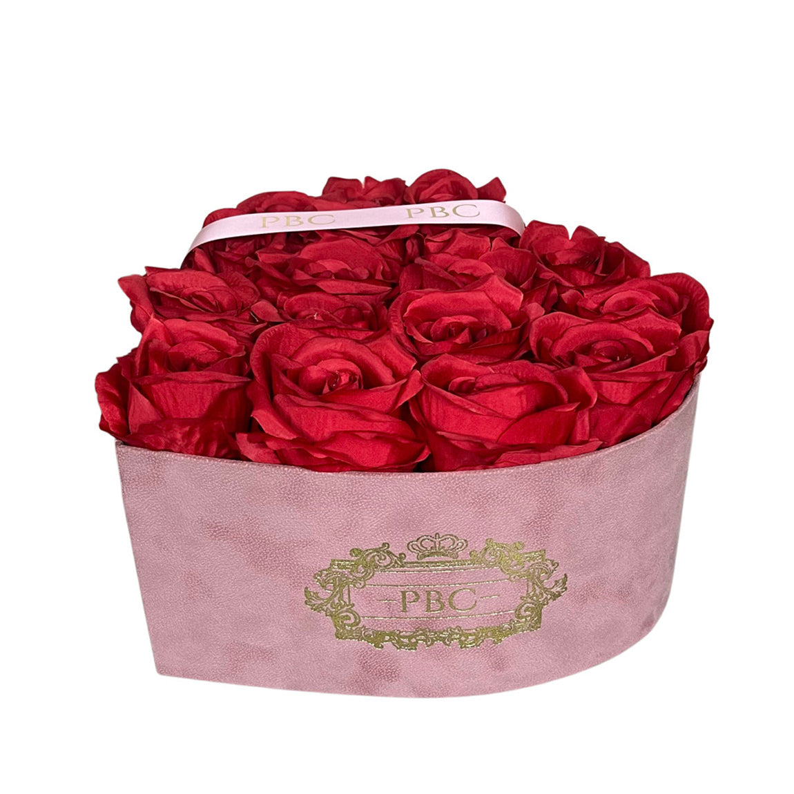 PBC Gifts flower box with red roses and a PBC ribbon